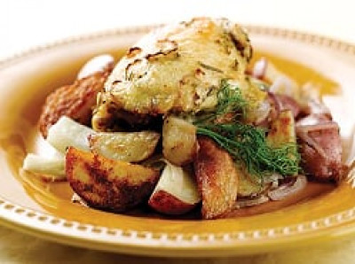 Roasted Chicken with Potatoes, Fennel and Onions